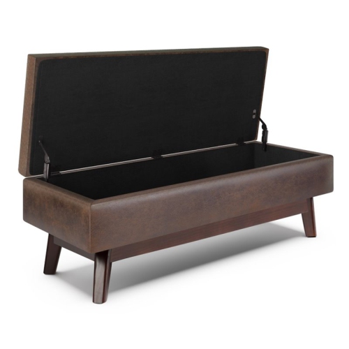 Simpli Home Owen 48" Faux Air Leather Storage Ottoman in Chestnut Brown