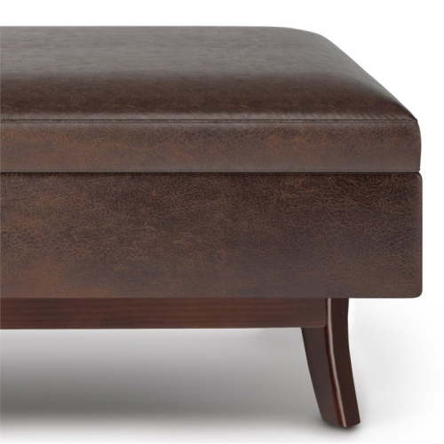 Simpli Home Owen 48" Faux Air Leather Storage Ottoman in Chestnut Brown