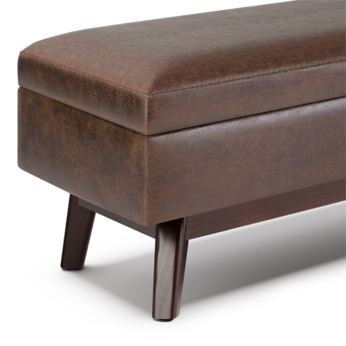 Simpli Home Owen 48" Faux Air Leather Storage Ottoman in Chestnut Brown