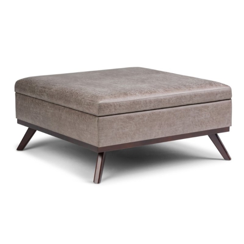 SIMPLI HOME  Owen Faux Air Leather Square Coffee Table Ottoman In Gray Taupe Extremely easy to assemble (just add the legs) and love the storage you have as well