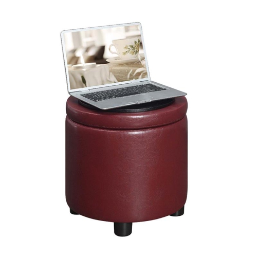 Designs4Comfort Round Accent Storage Ottoman in Burgundy Red Faux Leather Finish
