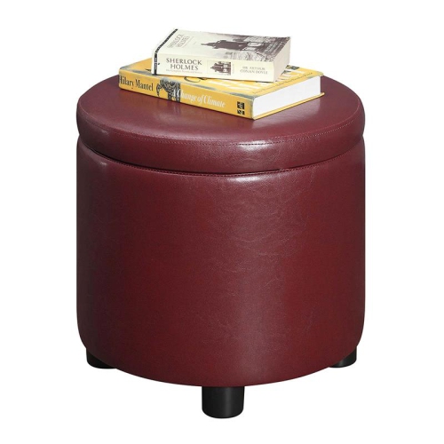 Designs4Comfort Round Accent Storage Ottoman in Burgundy Red Faux Leather Finish