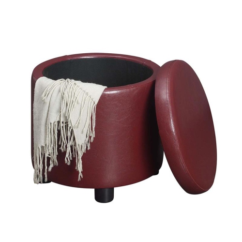 Designs4Comfort Round Accent Storage Ottoman in Burgundy Red Faux Leather Finish