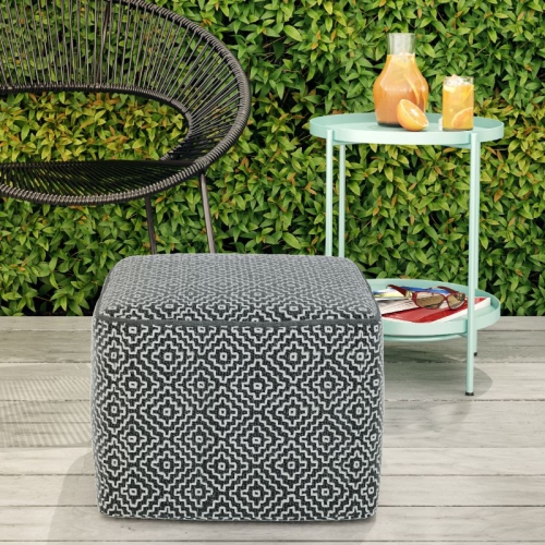 Simpli Home Briella Boho Square Woven Pouf in Gray and White