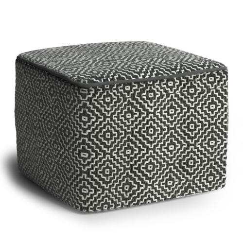 Simpli Home Briella Boho Square Woven Pouf in Gray and White