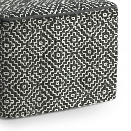 Simpli Home Briella Boho Square Woven Pouf in Gray and White
