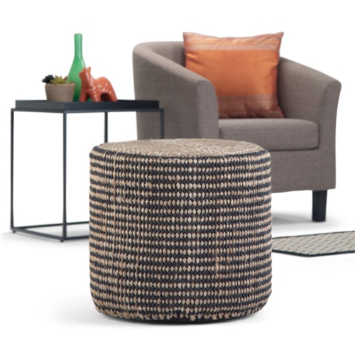 Simpli Home Larissa Boho Round Braided Pouf in Natural Jute
