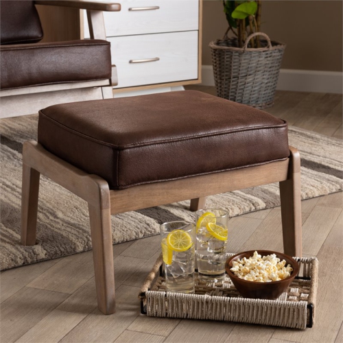 Baxton Studio Sigrid Dark Brown Faux Leather Upholstered Oak Wood Ottoman