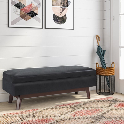 Simpli Home Owen 48" Faux Leather Rectangular Storage Ottoman in Midnight Black