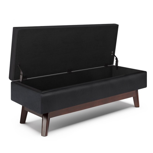 Simpli Home Owen 48" Faux Leather Rectangular Storage Ottoman in Midnight Black