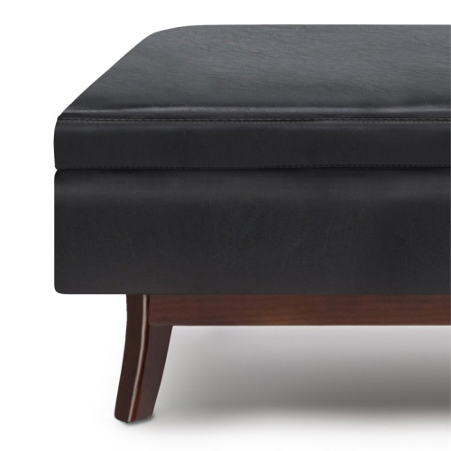 Simpli Home Owen 48" Faux Leather Rectangular Storage Ottoman in Midnight Black