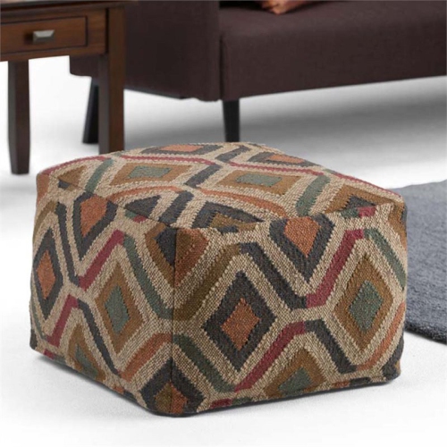 Johanna Boho Square Pouf in Multi-Color Kilim Patterned Jute and cotton