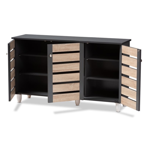 Baxton Studio Gisela Two-Tone Oak Wood 3-Door Shoe Cabinet in Dark Gray