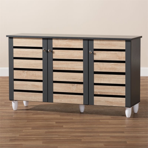 Baxton Studio Gisela Two-Tone Oak Wood 3-Door Shoe Cabinet in Dark Gray