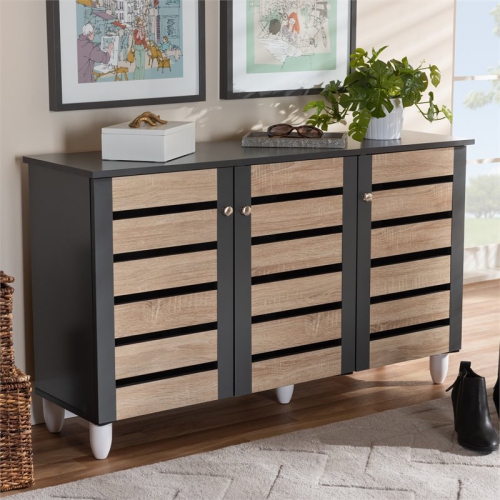 Baxton Studio Gisela Two-Tone Oak Wood 3-Door Shoe Cabinet in Dark Gray