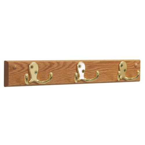 Wooden Mallet 3 Hook Wall Coat Rack Rail in Light Oak and Brass