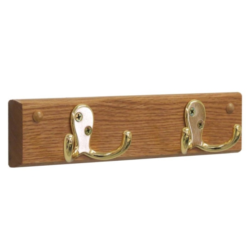 Wooden Mallet 2 Hook Wall Coat Rack Rail in Light Oak and Brass