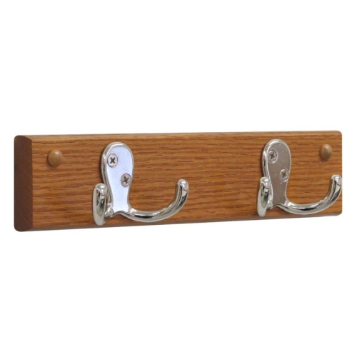Wooden Mallet 2 Hook Wall Coat Rack Rail in Medium Oak and Nickel