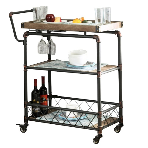 Furniture of America Sulema Industrial Metal 3-Tier Bar Cart in Sand Black