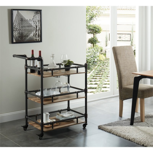 Furniture of America Byson Industrial Metal Bar Cart in Sand Black