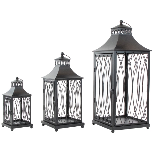 Set of 3 Black Lattice Style Candle Lanterns 22.75"