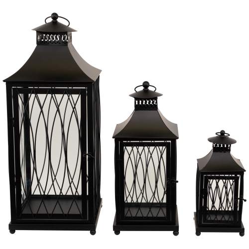 Lattice Style Metal Candle Lanterns - 22.75" - Black - Set of 3
