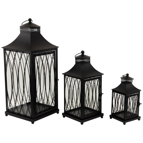 Lattice Style Metal Candle Lanterns - 22.75" - Black - Set of 3