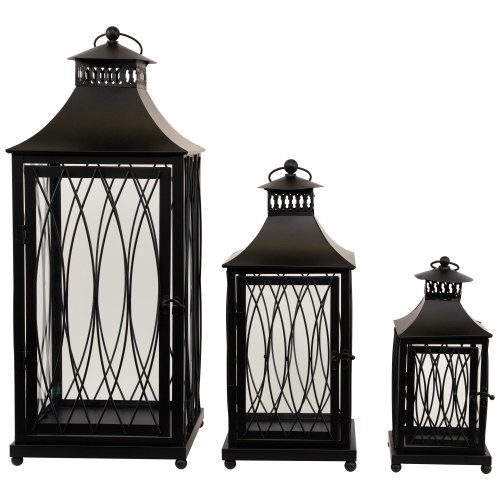 Lattice Style Metal Candle Lanterns - 22.75" - Black - Set of 3