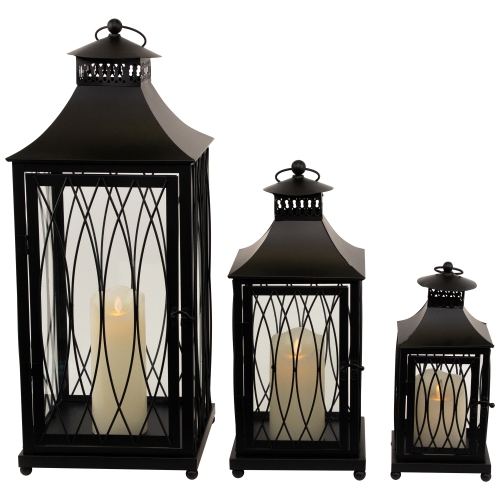 Lattice Style Metal Candle Lanterns - 22.75" - Black - Set of 3
