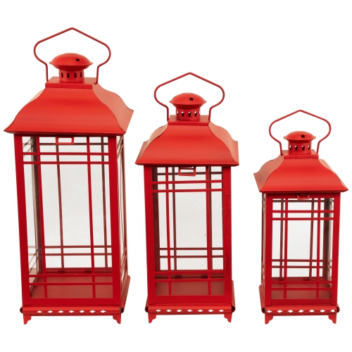 Mission Style Metal Candle Lanterns - 19.5" - Red - Set of 3