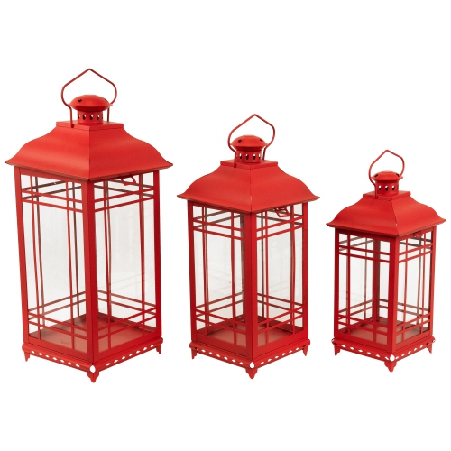 Mission Style Metal Candle Lanterns - 19.5" - Red - Set of 3