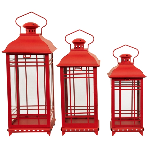 Mission Style Metal Candle Lanterns - 19.5" - Red - Set of 3