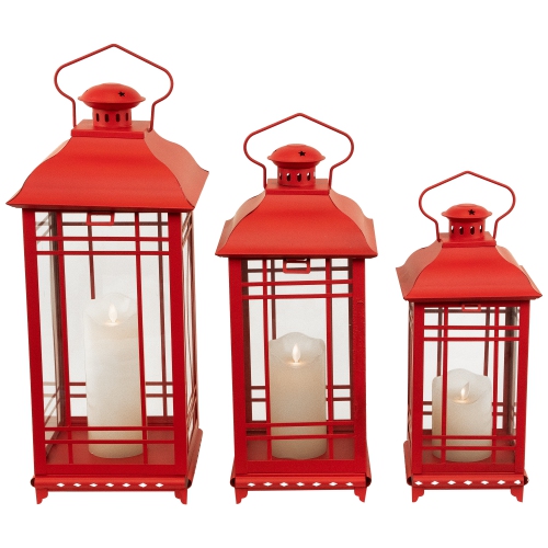Mission Style Metal Candle Lanterns - 19.5" - Red - Set of 3