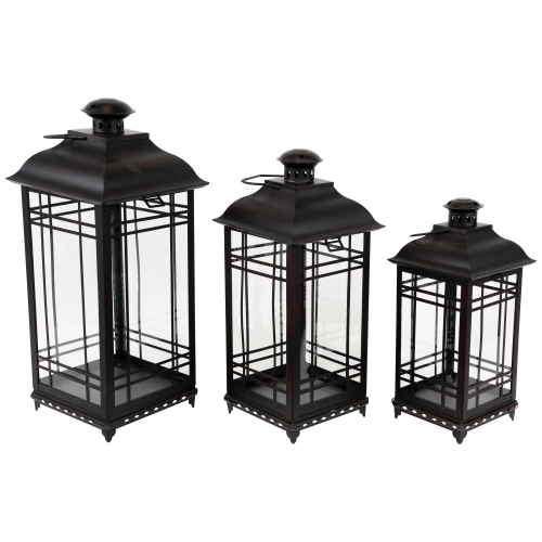 Distressed Mission Style Metal Candle Lanterns - 19.5" - Black - Set of 3