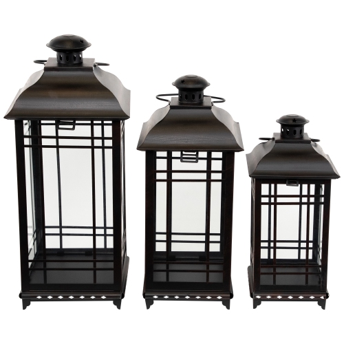 Distressed Mission Style Metal Candle Lanterns - 19.5" - Black - Set of 3