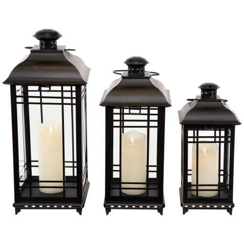 Distressed Mission Style Metal Candle Lanterns - 19.5" - Black - Set of 3