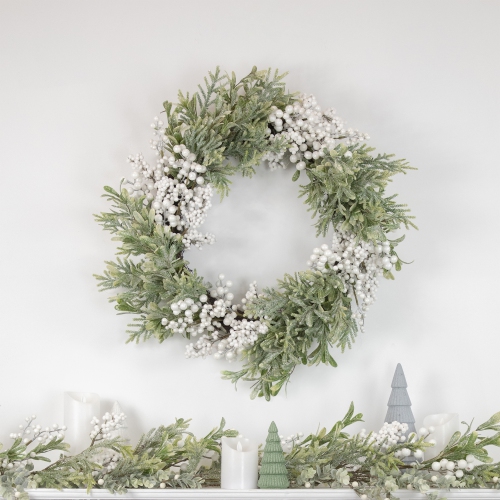 White Berry and Frosted Pine Christmas Wreath, 28-Inch, Unlit