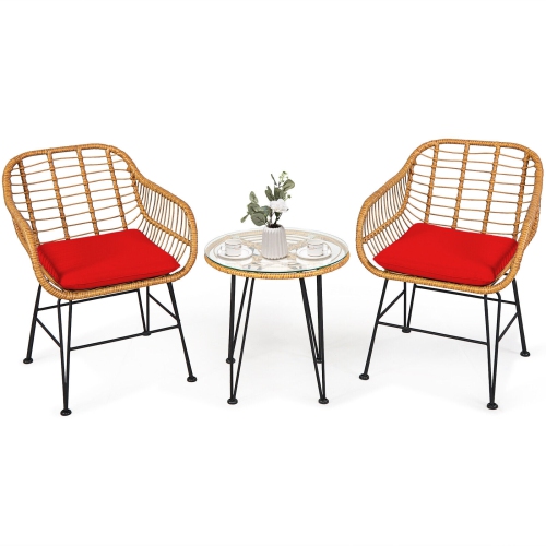 3 Pieces Rattan Furniture Set with Cushioned Chair Table-Red