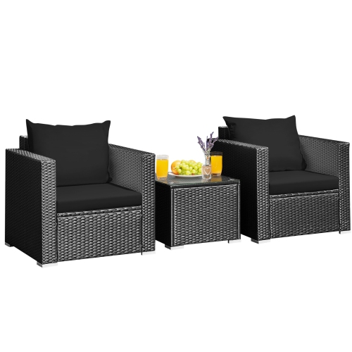 SLICKBLUE  3 Pieces Patio Wicker Furniture Set With Cushion-Black