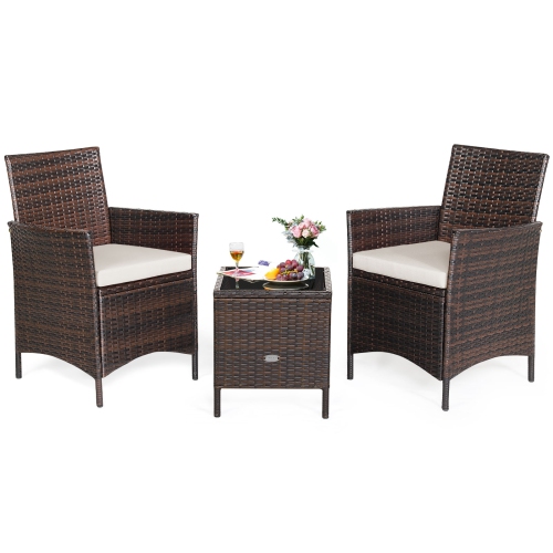 SLICKBLUE  3 PCs Patio Rattan Furniture Set Cushioned Sofa And Glass Tabletop Deck-White