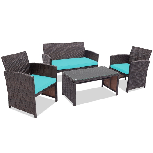 SLICKBLUE  4 Pieces Patio Rattan Cushioned Furniture Set-Turquoise