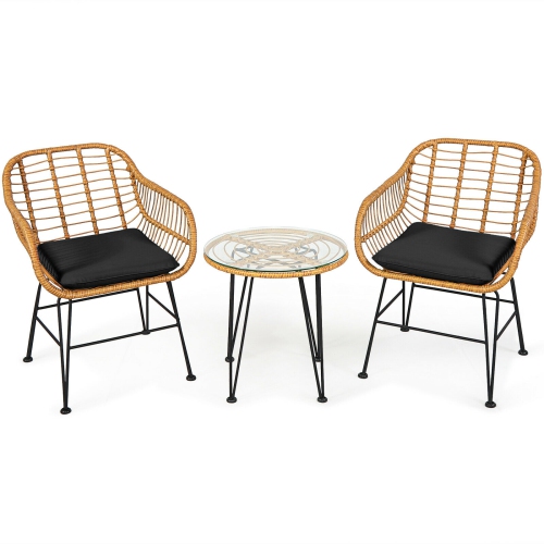 SLICKBLUE  3 Pieces Rattan Furniture Set With Cushioned Chair Table-Black