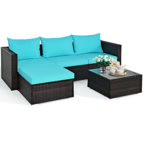 SLICKBLUE  5 Pieces Patio Rattan Furniture Set With Coffee Table-Turquoise