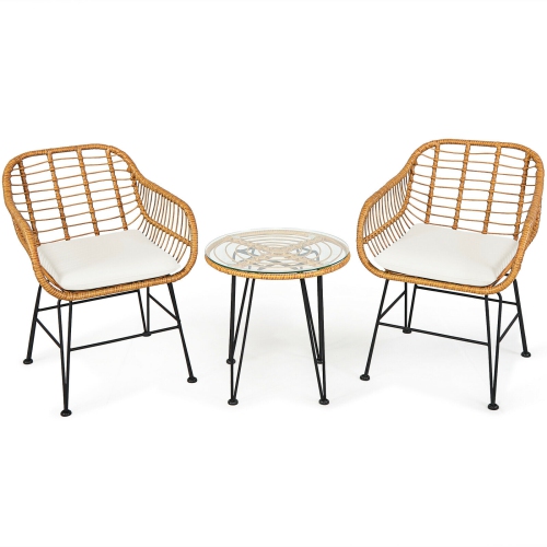 SLICKBLUE  3 Pieces Rattan Furniture Set With Cushioned Chair Table-White