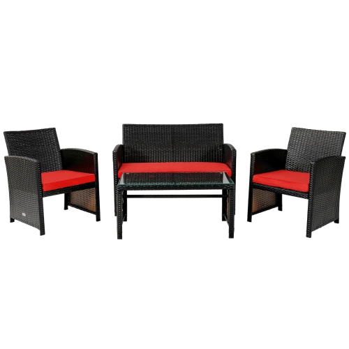 SLICKBLUE  4 Pieces Patio Rattan Cushioned Furniture Set-Red
