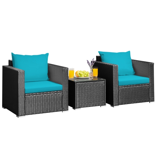 SLICKBLUE  3 Pieces Patio Wicker Furniture Set With Cushion-Turquoise