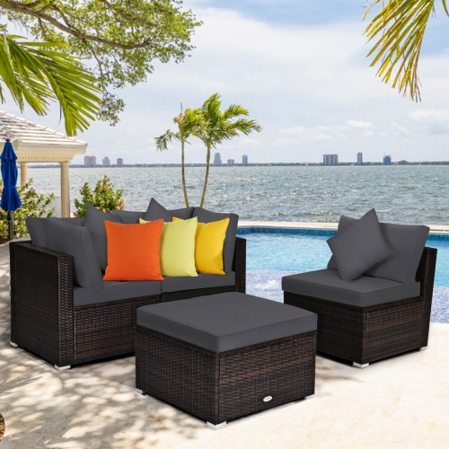 4-Piece Ottoman Garden Patio Rattan Wicker Furniture Set with Cushions