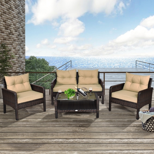 4-Piece Rattan Patio Sofa Set with Cushions and Coffee Table - Free Combination Design