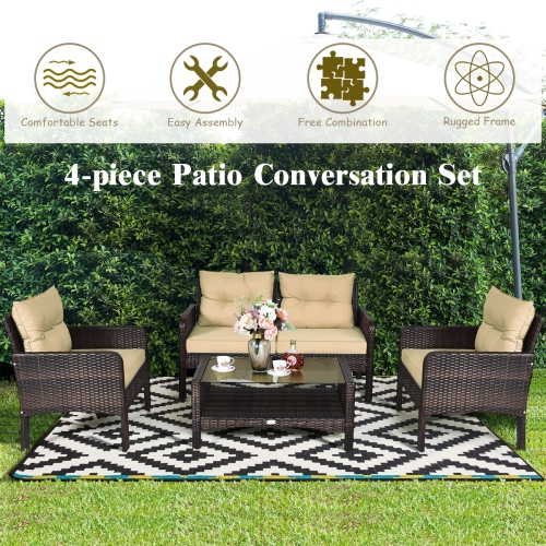 4-Piece Rattan Patio Sofa Set with Cushions and Coffee Table - Free Combination Design