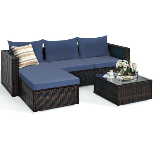 SLICKBLUE  5 Pieces Patio Rattan Sectional Furniture Set With Cushions And Coffee Table -Navy